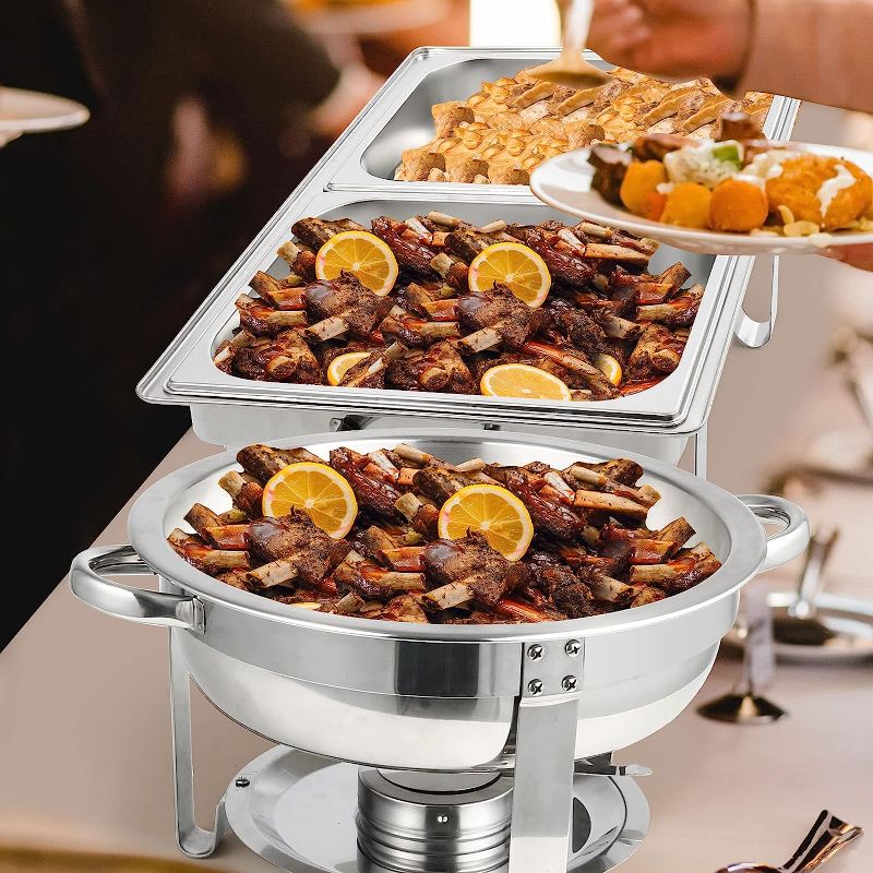 Photo 2 of 
Restlrious Chafing Dish Buffet Set 4 Pack, Stainless Steel 4 QT Round & 8 QT Rectangular Foldable Chafers and Buffet Warmers Set, Full Size w/Water Pan, Food Pan, Fuel Holder & Lid for Catering Event