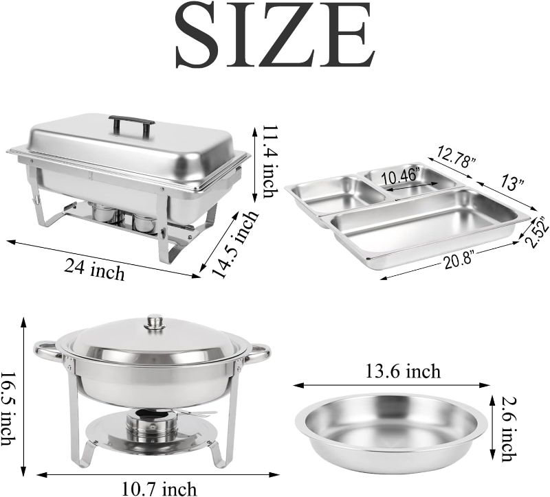 Photo 1 of 
Restlrious Chafing Dish Buffet Set 4 Pack, Stainless Steel 4 QT Round & 8 QT Rectangular Foldable Chafers and Buffet Warmers Set, Full Size w/Water Pan, Food Pan, Fuel Holder & Lid for Catering Event