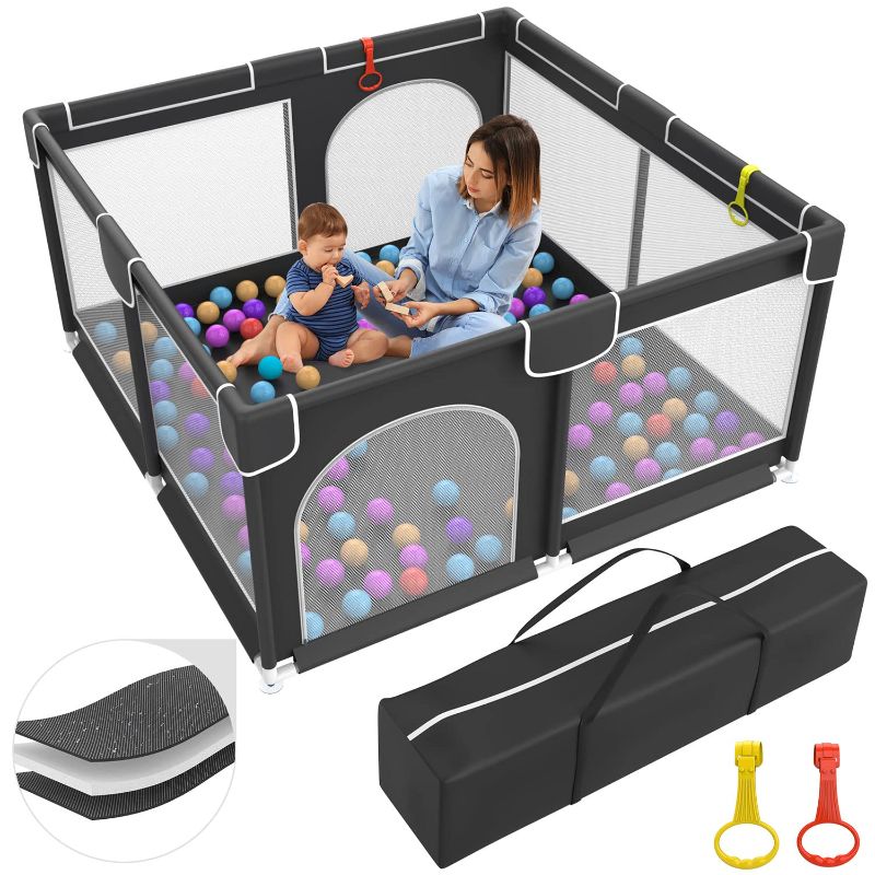 Photo 1 of Baby Playpen , Baby Playard, Playpen for Babies with Gate Indoor & Outdoor Kids Activity Center with Anti-Slip Base , Sturdy Safety Playpen with Soft Breathable Mesh , Kid's Fence for Infants Black