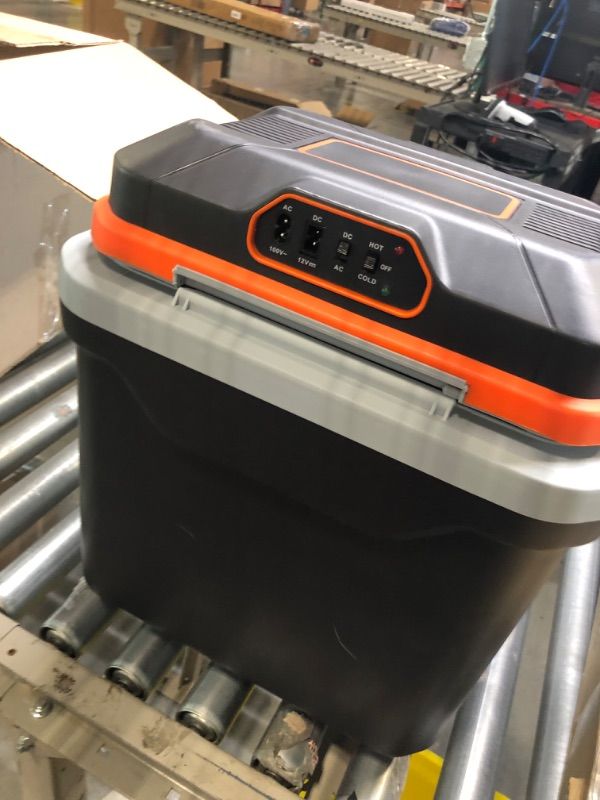 Photo 3 of ***Has a crack on the hinge*** AooDen Electric Car cooler and Warmer, 26 Quart Capacity, Thermoelectric Iceless Cooler for Travel, Camping, Vehicles, Truck, Home - 12V/24V DC and 120V AC (Black & Orange)
