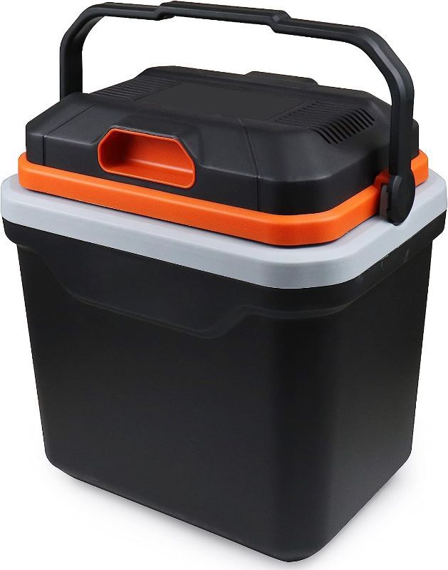 Photo 1 of ***Has a crack on the hinge*** AooDen Electric Car cooler and Warmer, 26 Quart Capacity, Thermoelectric Iceless Cooler for Travel, Camping, Vehicles, Truck, Home - 12V/24V DC and 120V AC (Black & Orange)

