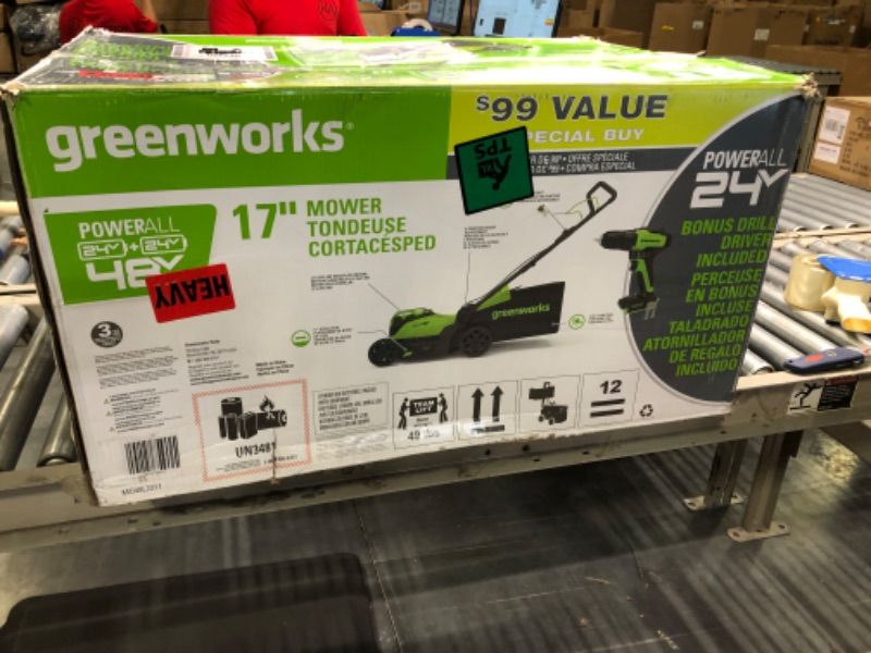 Photo 1 of ********MISSING (2) 4.0Ah USB Batteries (USB Hub); NOT TESTED****** Greenworks 2 x 24V (48V) 17" Brushless Cordless Push Lawn Mower, Dual Port Rapid Charger Included