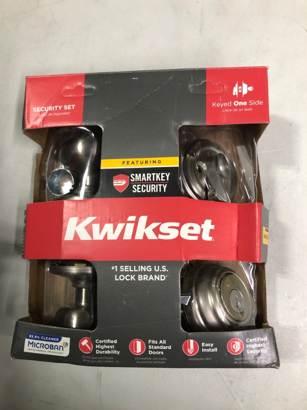 Photo 2 of Kwikset Juno Keyed Entry Door Knob and Single Cylinder Deadbolt Combo Pack with Microban Antimicrobial Protection Featuring SmartKey Security in Satin Nickel