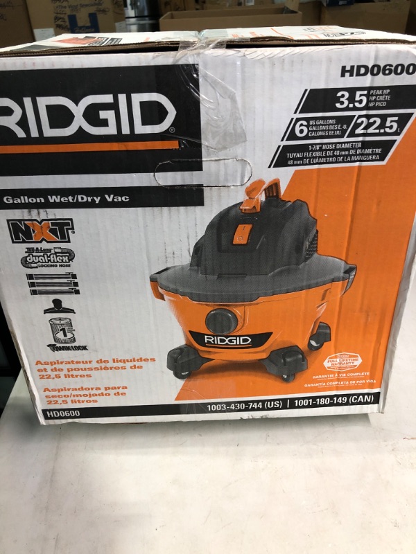 Photo 2 of RIDGID 6 Gallon 3.5 Peak HP NXT Wet/Dry Shop Vacuum with Filter, Locking Hose and Accessories