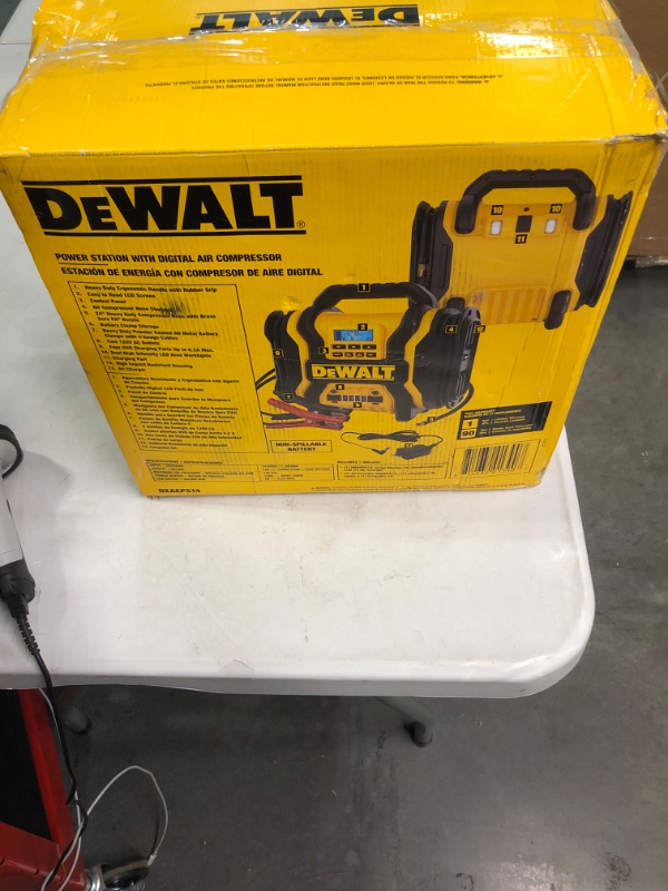 Photo 2 of DEWALT DXAEPS14 1600 Peak Battery Amp 12V Automotive Jump Starter/Power Station with 500 Watt AC Power Inverter, 120 PSI Digital Compressor, and USB Power , Yellow