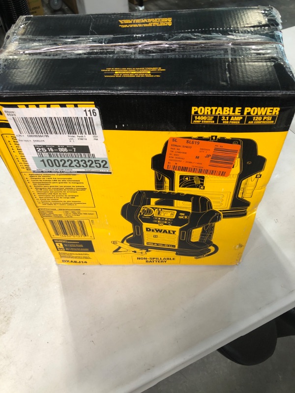 Photo 2 of DEWALT DXAEJ14 Digital Portable Power Station Jump Starter: 1400 Peak/700 Instant Amps, 120 PSI Digital Air Compressor, 3.1A USB Ports, Battery Clamps , Yellow