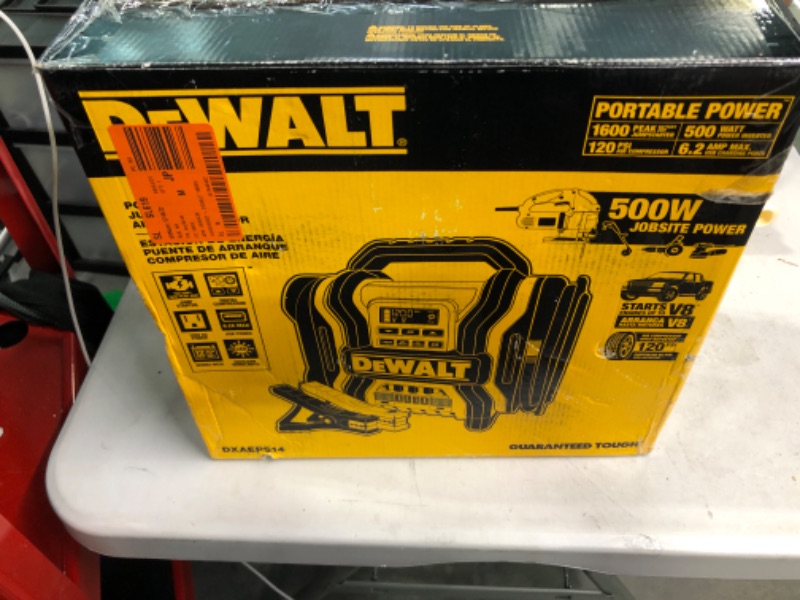 Photo 2 of DEWALT DXAEPS14 1600 Peak Battery Amp 12V Automotive Jump Starter/Power Station with 500 Watt AC Power Inverter, 120 PSI Digital Compressor, and USB Power , Yellow