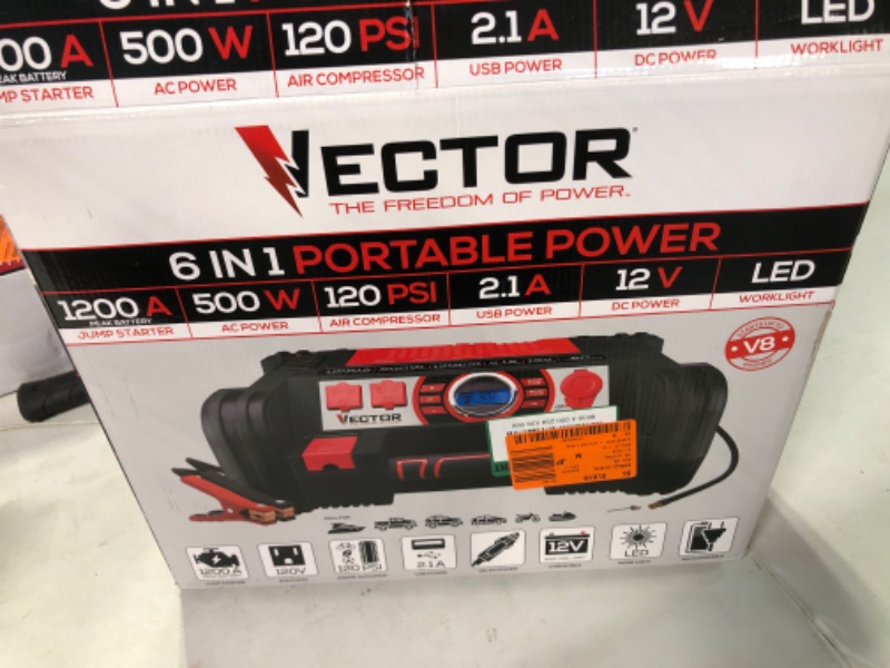 Photo 2 of VECTOR 1200 Peak Amp Jump Starter, PPRH5V, Battery Booster, Dual Power Inverter, 120 PSI Air Compressor, USB Charging Port, Rechargeable