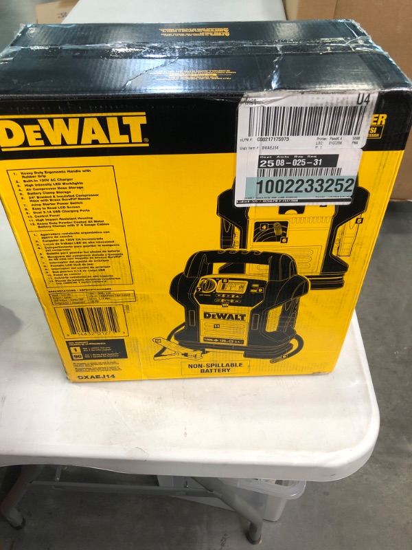 Photo 2 of DEWALT DXAEJ14 Digital Portable Power Station Jump Starter: 1400 Peak/700 Instant Amps, 120 PSI Digital Air Compressor, 3.1A USB Ports, Battery Clamps , Yellow