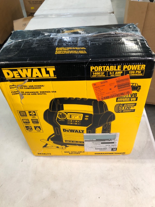 Photo 2 of ***POWER KNOW BROKEN - STILL POWERS ON*** DEWALT DXAEJ14 Digital Portable Power Station Jump Starter: 1400 Peak/700 Instant Amps, 120 PSI Digital Air Compressor, 3.1A USB Ports, Battery Clamps , Yellow