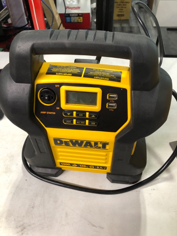 Photo 4 of ***POWER KNOW BROKEN - STILL POWERS ON*** DEWALT DXAEJ14 Digital Portable Power Station Jump Starter: 1400 Peak/700 Instant Amps, 120 PSI Digital Air Compressor, 3.1A USB Ports, Battery Clamps , Yellow