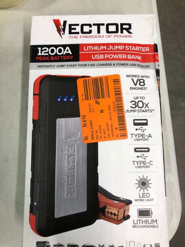 Photo 2 of VECTOR SS6LV 1200 Peak Amp Lithium Jump Starter Battery Booster, USB-A(2.1 Amps), USB-C(3.1 Amps), Power in & Out, LED Work Light, & Heavy Duty Powder Coated Clamps