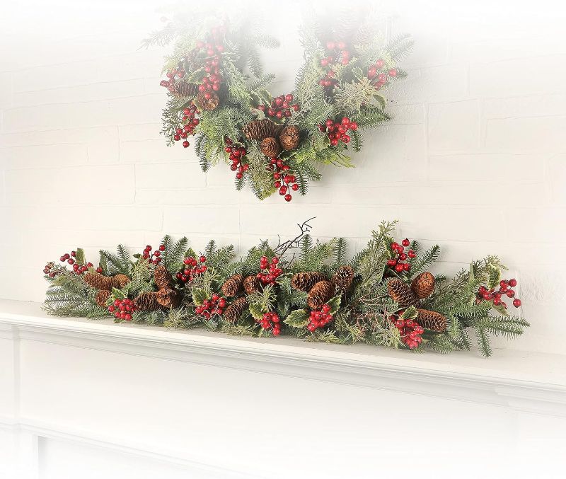 Photo 1 of 48" Spruce Cedar Holly Wp Berry Garland - Green Red - 48-Inch