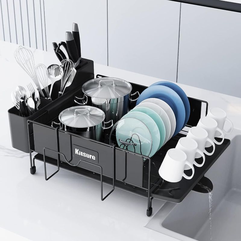 Photo 1 of 
Kitsure Dish Drying Rack Large - Stainless Steel Dish Rack for Kitchen Counter, Dish Drainer with Drainboard Connected to The Sink, Dish Holder for Cups, Cutlery & Cutting Board, Black, Single-Tiers