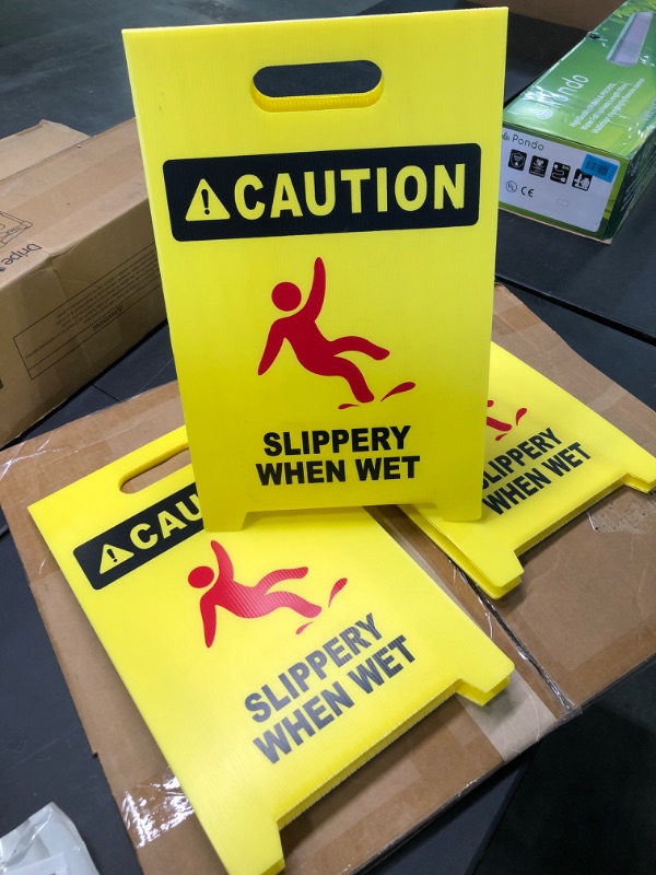 Photo 2 of MATTHEW CLEANING 19'' Industrial Wet Floor Sign 3 Pack 2-Sided Durable Corrugated Plastic Birght Yellow Multilingual Warning Signs Commercial Caution Wet Fold-out Floor Signs For Indoors Light Yellow 19''x12'' 3Pack