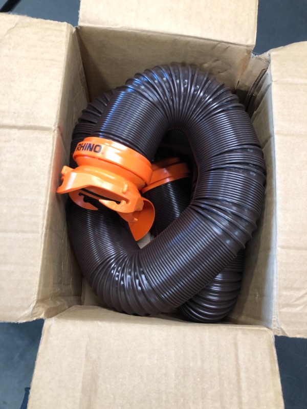 Photo 1 of Camco RhinoFLEX RV Sewer Hose Kit with Swivel Transparent Elbow and 4-in-1 Dump Station Fitting, Brown, 15 Feet (39770) 15ft Sewer Hose Kit Frustration-Free Packaging