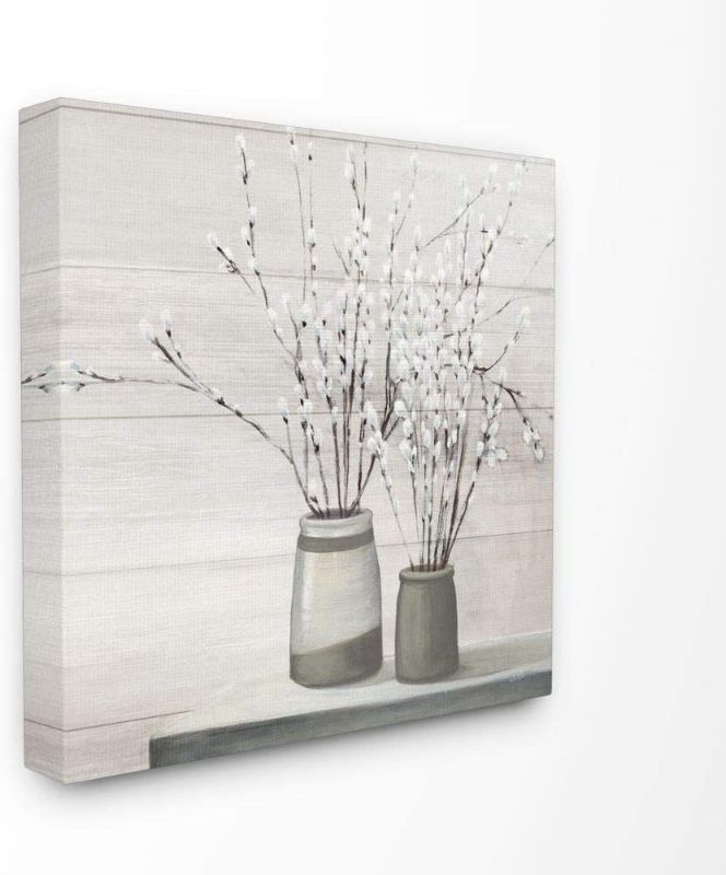 Photo 1 of CANVAS ON DEMAND Pussy Willow Still Life Gray Pots Crop White Framed Art Print, Floral Artwork 35x23