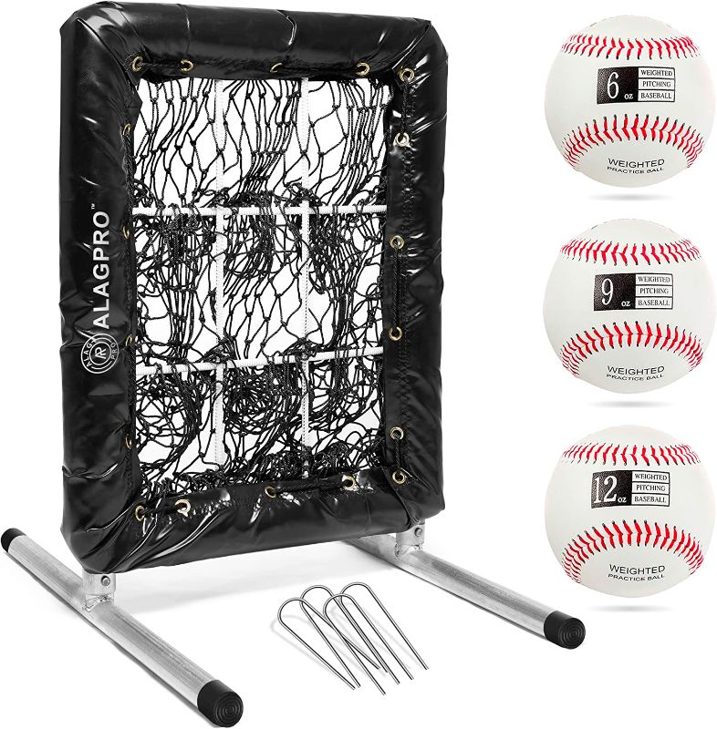 Photo 1 of ALAGPRO Pocket Pitching Net 9 Hole Pitching Target Strike Zone for Baseball & Softball Pitchers - Best Pitching Aid for Improve Accuracy, Pitcher Training Equipment + 3 Weighted Practice Balls