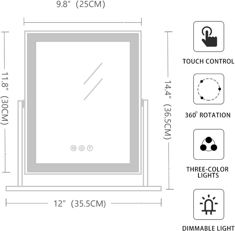 Photo 2 of Acoolda Vanity Mirror with Lights, Hollywood Lighted Makeup Mirror with 3 Color Lighting Modes, Detachable 10X Magnification, 360°Rotation, 12 Inches (White)… White-12in