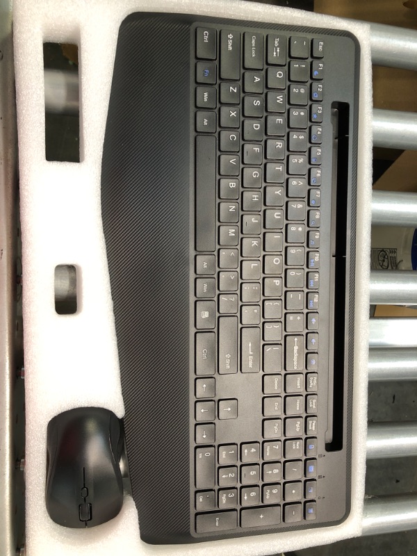 Photo 1 of Wireless Keyboard and Mouse, Ergonomic 2.4GHz Cordless Keyboard ? Mouse Combo with Wrist Rest - Phone Holder, Jiggler Mouse with 3 DPI, Keep PC Awake, Quiet Click Set for Mac, PC, Laptop, Chromebook 16*8.4*0.9in (keyboard), 4.21*2.42*1.46in (mouse)