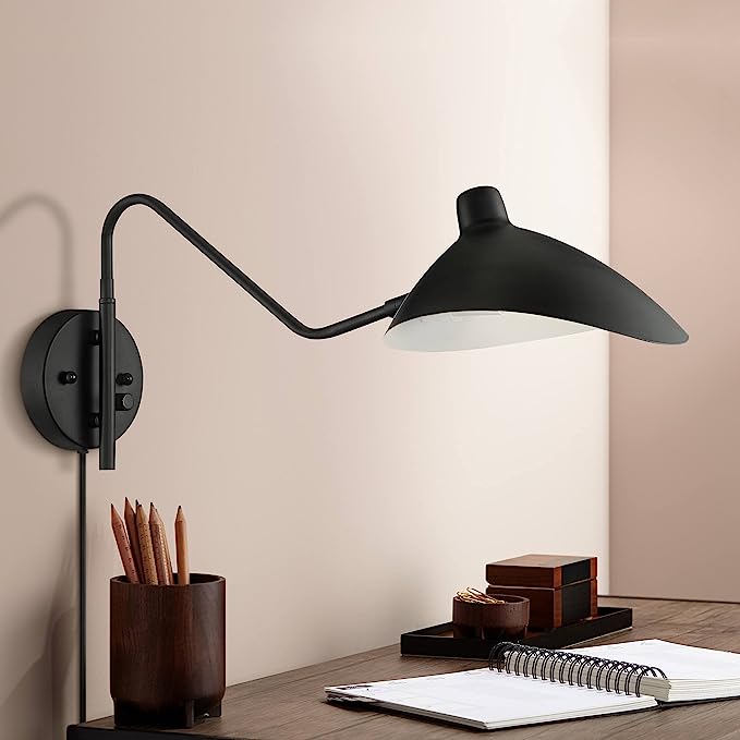 Photo 1 of 360 Lighting Colborne Modern Industrial Retro Swing Arm Wall Lamp Black Metal Hardwire Light Fixture Symmetrical Shade for Bedroom Bedside House Reading Living Room Home Hallway Dining
