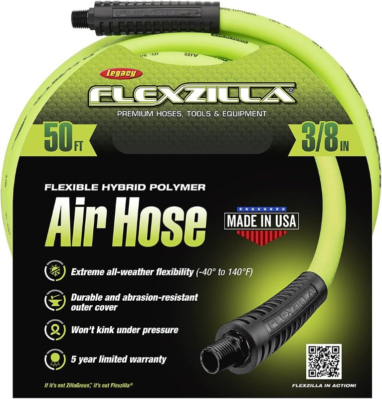 Photo 1 of Flexzilla Air Hose, 3/8 in. x 50 ft., 1/4 in. MNPT Fittings, Heavy Duty, Lightweight, Hybrid, ZillaGreen - HFZ3850YW2
