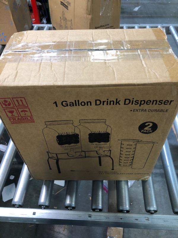 Photo 1 of Drink Dispenser with Stand- Set of 2, 1 Gallon Glass Beverage Dispenser with Stainless Steel Spigot & Lid plus Ice Cylinder and Fruit Infuser, Drink Dispensers for Parties, Laundry Detergent Dispenser