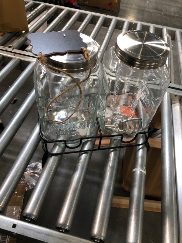 Photo 1 of Drink Dispenser with Stand- Set of 2, 1 Gallon Glass Beverage Dispenser with Stainless Steel Spigot & Lid plus Ice Cylinder and Fruit Infuser, Drink Dispensers for Parties, Laundry Detergent Dispenser