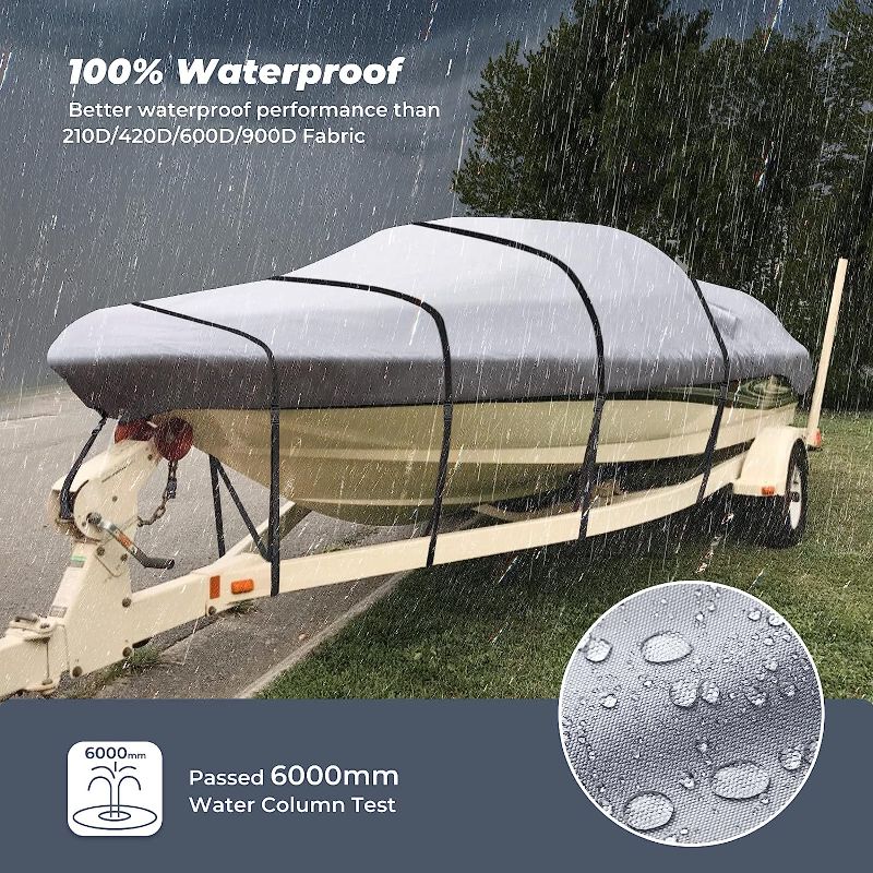 Photo 4 of Tuszom 100% Waterproof Pontoon Boat Cover 800D Marine Grade Polyester Pontoon Cover with Windproof Adjustable 16 Tire-Down Straps (Length:21'-24' Beam Width: up to 102", Gray) Length:21'-24' Beam Width: up to 102" Gray