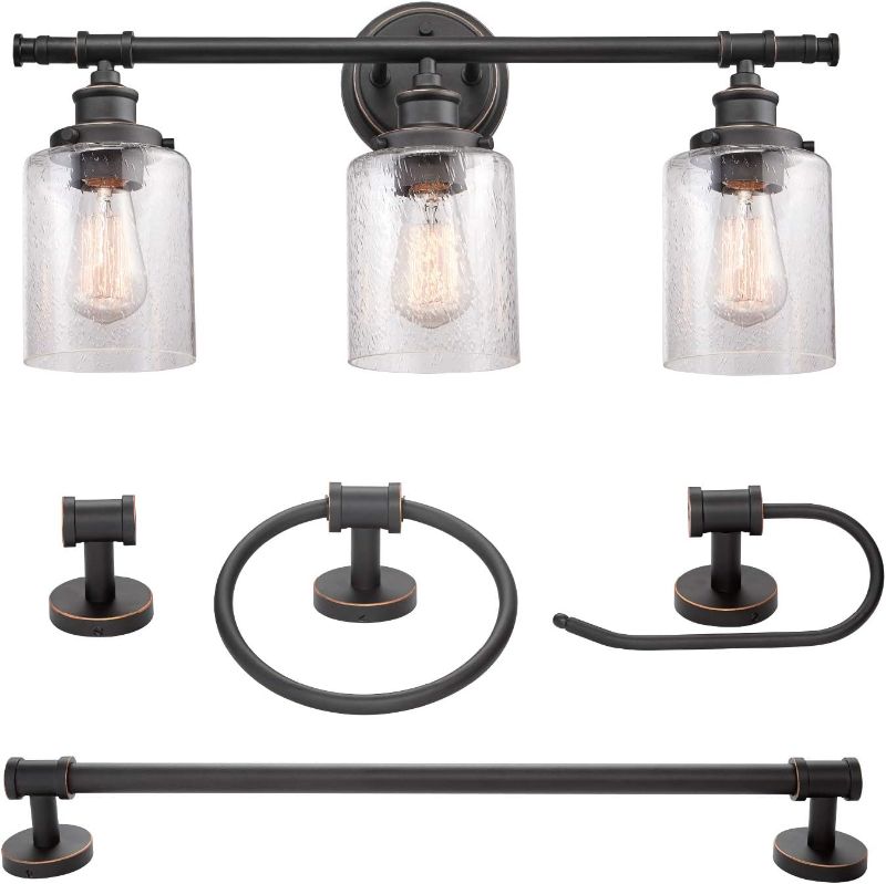 Photo 1 of ***GLASS IS BROKEN*** Globe Electric 51415 5-Piece All-in-One Bathroom Accessory Set, with Vanity, Bronze, 3-Light Vanity Light, Seeded Glass, Towel Bar, Towel Ring, Robe Hook, Toilet Paper Holder, Home Improvement
