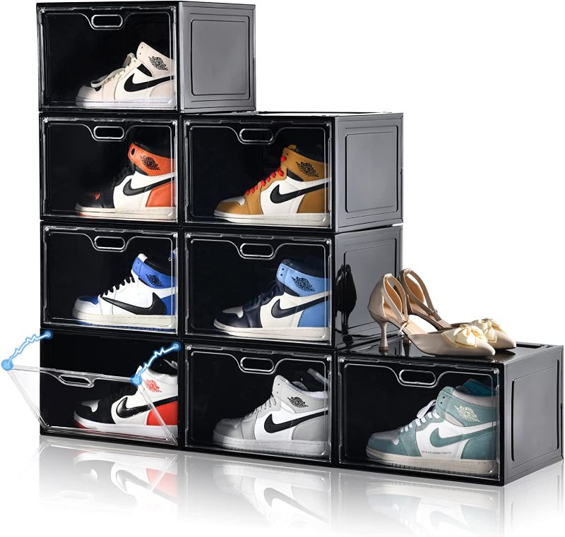 Photo 1 of Amllas 8 Pack Shoe Boxes Black Plastic Stackable, Large Shoe Storage Organizer with Lids,Drop Side Front Shoe Containers for Entryway,Sneaker Storage Fit up to US Size 14 for Men/Women(13’’x 10.6”x 8.3”)
