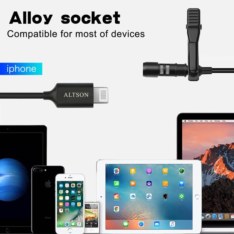 Photo 2 of ALTSON Professional Lavalier Microphone for iPhone/Video Conference/Podcast/Voice Dictation/YouTube Grade Omnidirectional Phone Audio Video Recording Condenser Microphone (Black 9.84t)
