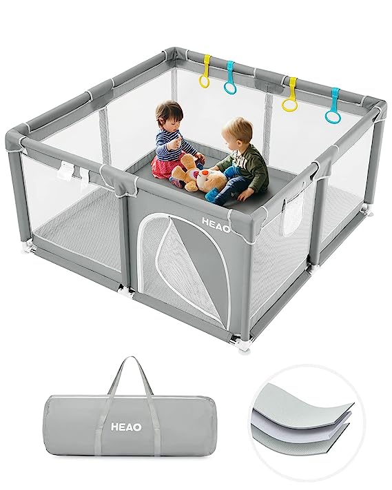 Photo 1 of HEAO Baby Playpen, Baby Playpen for Babies and Toddlers, Baby Playard, Playpen for Babies with Gate, Sturdy Play Yard with Soft Breathable Mesh?Baby Fence 51x51",Light Grey
