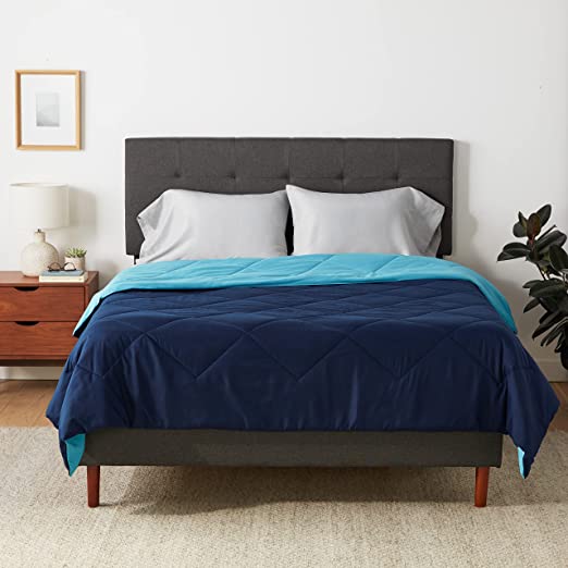 Photo 1 of Amazon Basics Reversible Lightweight Microfiber Comforter Blanket, Full/Queen, Navy/Sky Blue
