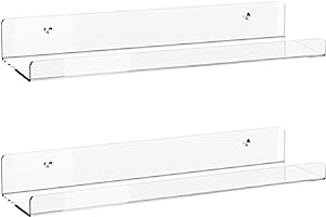 Photo 1 of Acrylic Floating Shelves, 4 Pack of 15 inches Invisible Acrylic Floating Wall Ledge Shelf, Wall Mounted Nursery Kids Bookshelf, Spice Rack, Bathroom Storage Shelves for Cosmetics, Photos, Books, Spice
