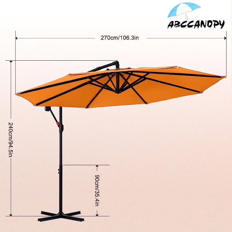 Photo 2 of ABCCANOPY Patio Umbrellas Cantilever Umbrella Offset Hanging Umbrellas 9 FT Outdoor Market Umbrella with Crank & Cross Base for Garden, Deck, Backyard, Pool and Beach, 12+ Colors,Orange Orange 9 FT Round Edge