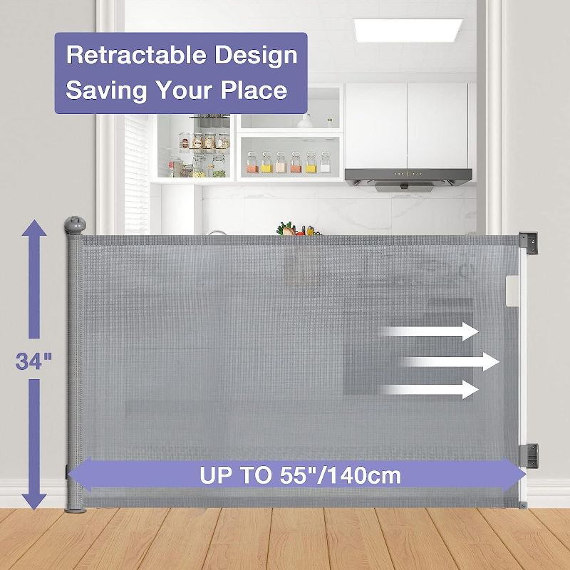 Photo 2 of Retractable Baby Gates Extra Wide Grey, PRObebi Retractable Dog Gate Extends to 55" Wide 34" Tall, Dog Gates for The House, Mesh Baby Gate for Staris, Hallways, Doorways, Outdoor & Indoor (Grey)
