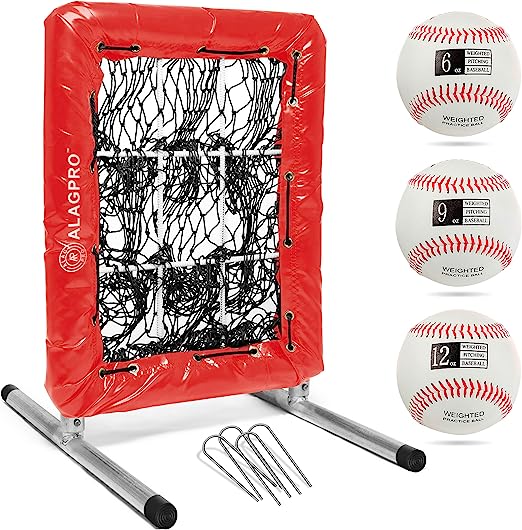 Photo 1 of ALAGPRO Pocket Pitching Net 9 Hole Pitching Target Strike Zone for Baseball & Softball Pitchers - Best Pitching Aid for Improve Accuracy, Pitcher Training Equipment + 3 Weighted Practice Balls
