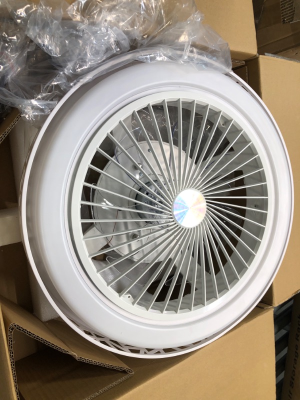 View 4 of IZOWE Ceiling Fan with Lights, Bladeless Ceiling Fans, 19" Enclosed Fan Lights Ceiling Fixtures Iron 36W Low Profile Flush Mount Ceiling Fans 3 Wind Speeds Dimmable Remote Control Bedroom Timing White