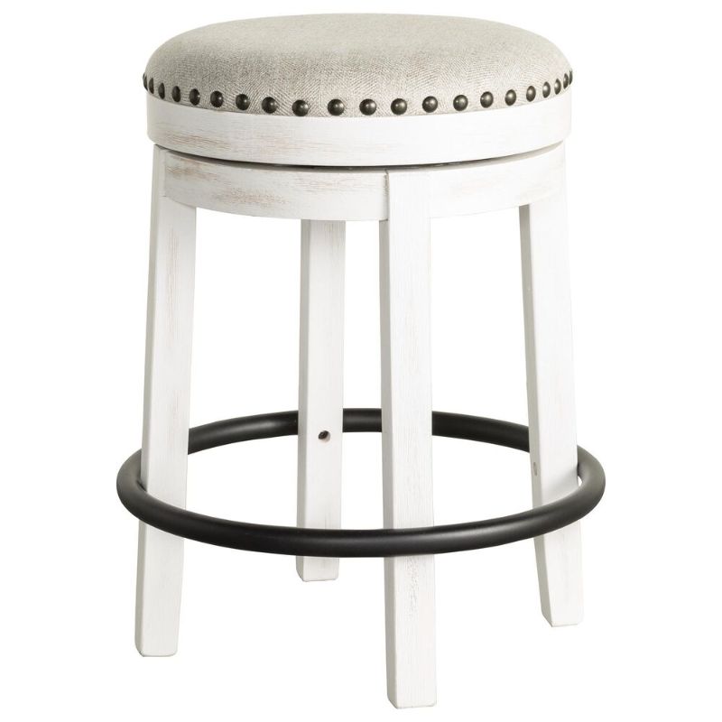 Photo 1 of Valebeck Upholstered Swivel Counter Stool with Beige Cushion in White and Black