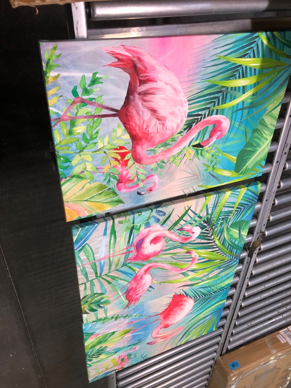 Photo 3 of YUANAND Flamingo Wall Decor Animal Pictures - Palm Green Tropical Plant for Kids Girls Room Decor - Framed Posters Paintings Bedroom Decor Flamingo 16 x 24 inch x 3 Panel