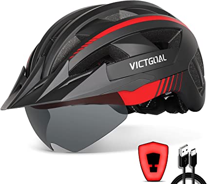 Photo 1 of VICTGOAL Bike Helmet with USB Rechargeable Rear Light Detachable Magnetic Goggles Removable Sun Visor Mountain & Road Bicycle Helmets for Men Women Adult Cycling Helmets
