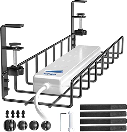 Photo 1 of Under Desk Cable Management Tray 1 Pack, Xpatee Upgraded Wire Management No Drill, Cable Tray with Clamp for Desk Wire Management, Computer Cable Rack for Office, Home - No Damage to Desk
