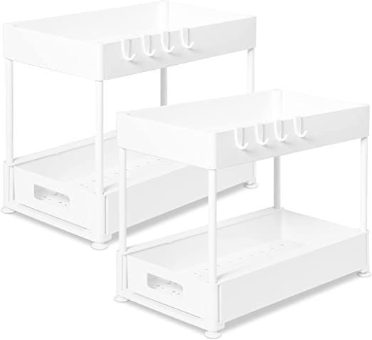 Photo 1 of 2-Tier Under Sink Organizer - Multi-Purpose Under Cabinet Storage Drawer with Hooks - White Only One (1)
