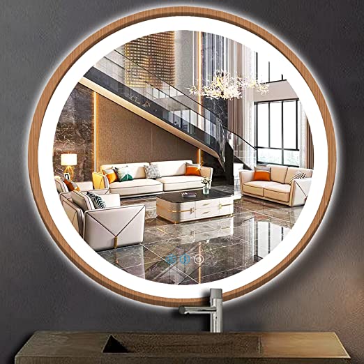 Photo 1 of ARUMMA 24 Inch Wood Bathroom Round LED Mirror with Lights Wood Frame Round Lighted Mirror for Bathroom Wall Round Vanity Lighted Mirrors 3 Color Dimmable Anti Fog Bathroom Circle Smart Light up Mirror
