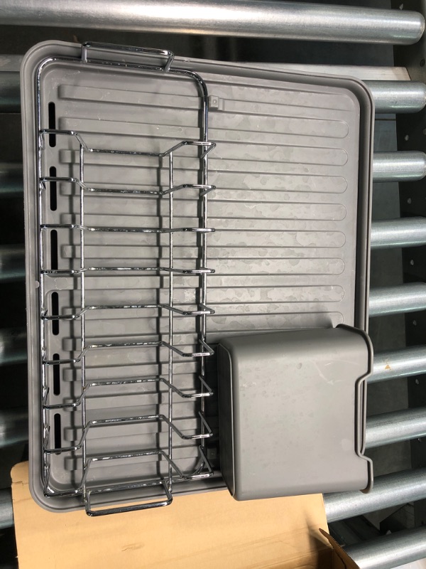 Photo 1 of Alta by Auggie Chino Expandable Dish Drying Rack with Drainage Spout, Stainless Steel, Movable Utensil Drainer, (Black)

