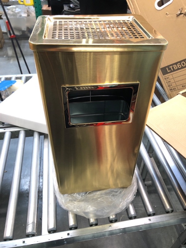 Photo 1 of BEAMNOVA Trash Can Indoor Outdoor Black Stainless Steel Commercial Garbage Can Industrial Garbage Enclosure Inside Cabinet with Lid Waste Container, Gold Color, 31*25*61 cm / 12.2*9.8*24 in Gold 12.2*9.8*24 in / 31*25*61 cm