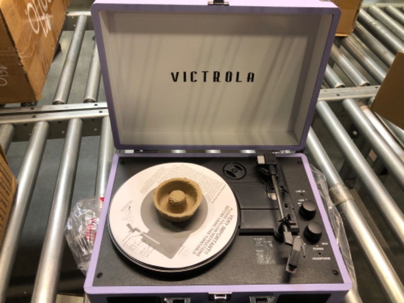 Photo 5 of Victrola Vintage 3-Speed Bluetooth Portable Suitcase Record Player with Built-in Speakers | Upgraded Turntable Audio Sound | Lavender (VSC-550BT-LVG) Lavender/Silver Record Player