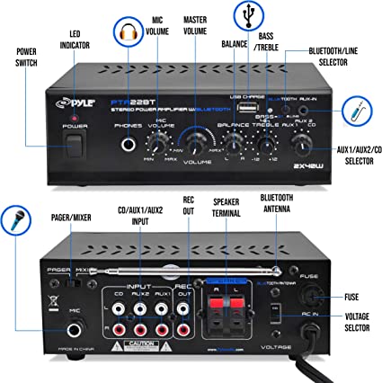 Photo 1 of Pyle Bluetooth Mini Blue Series Home Audio Amplifier - Compact Desktop Home Theater-Stereo Amplifier Receiver with USB Charge Port - Pager & Mixer Karaoke Modes - Mic Input (40 Watt x 2) - PTA22BT
