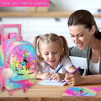 Photo 1 of Rolling Backpack for Girls,Kids Unicorn Bookbag with Roller Wheels, Suitcase School Bag Set for Toddler Elementary